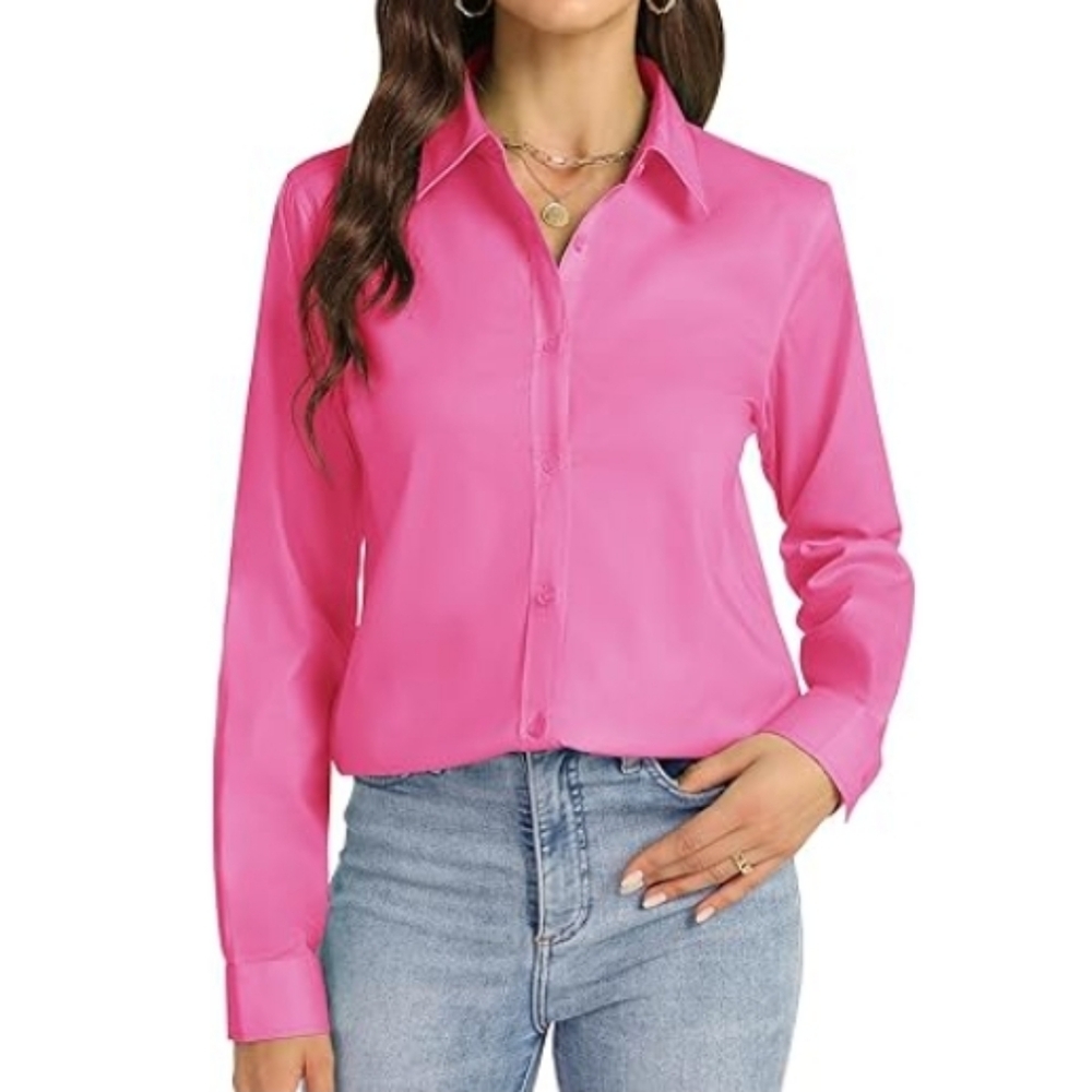 Button Down Long Sleeve Stretch Solid Work Shirt Hot Pink